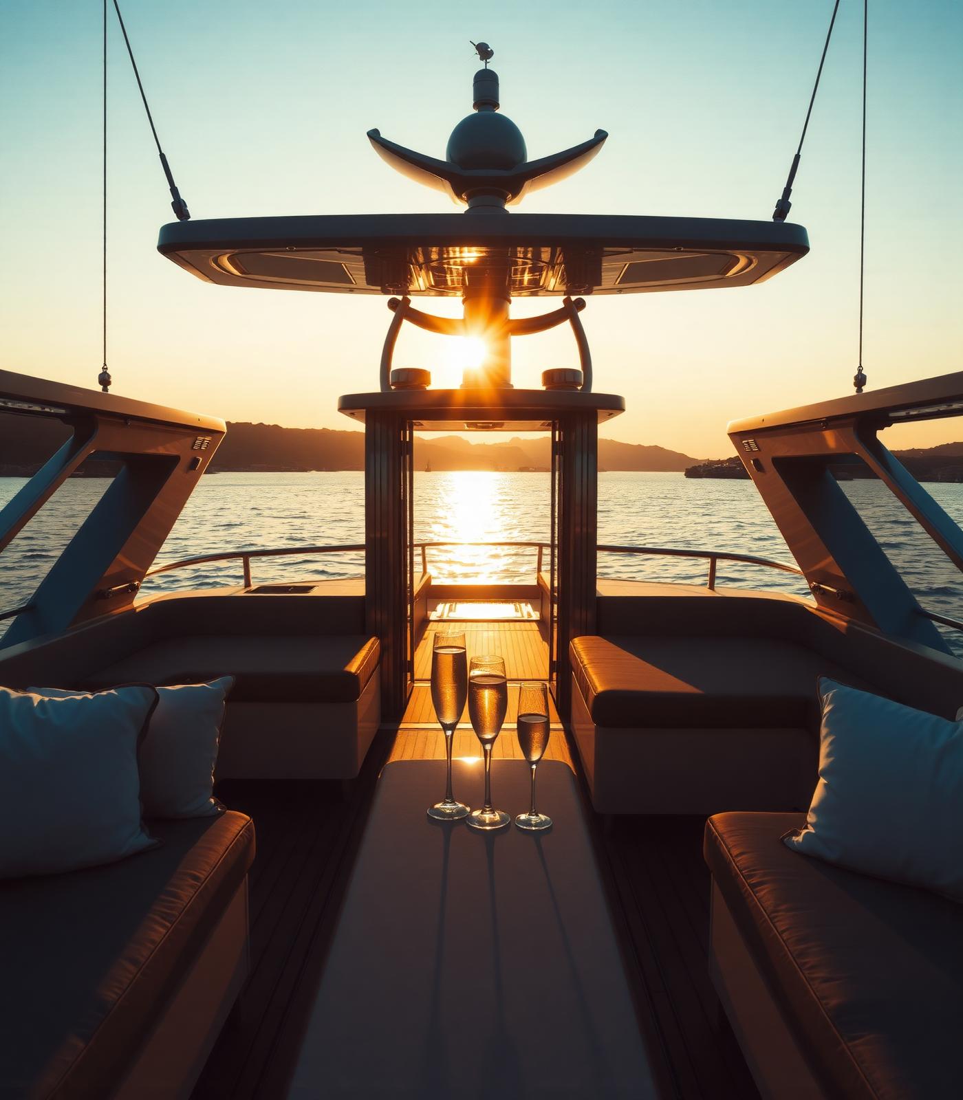 Private yacht deck at sunset
