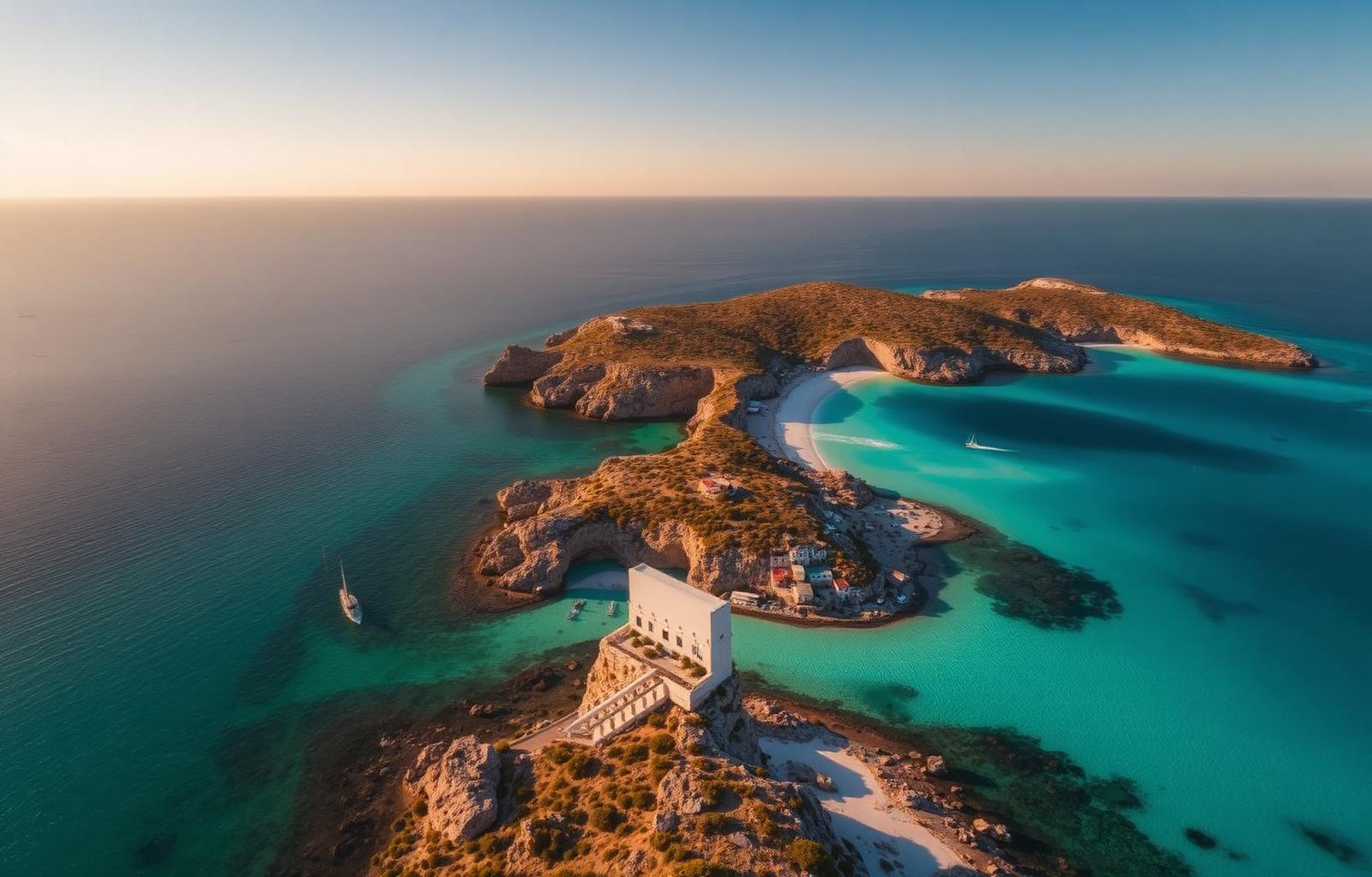 Aerial view of Sardinian coast at golden hour